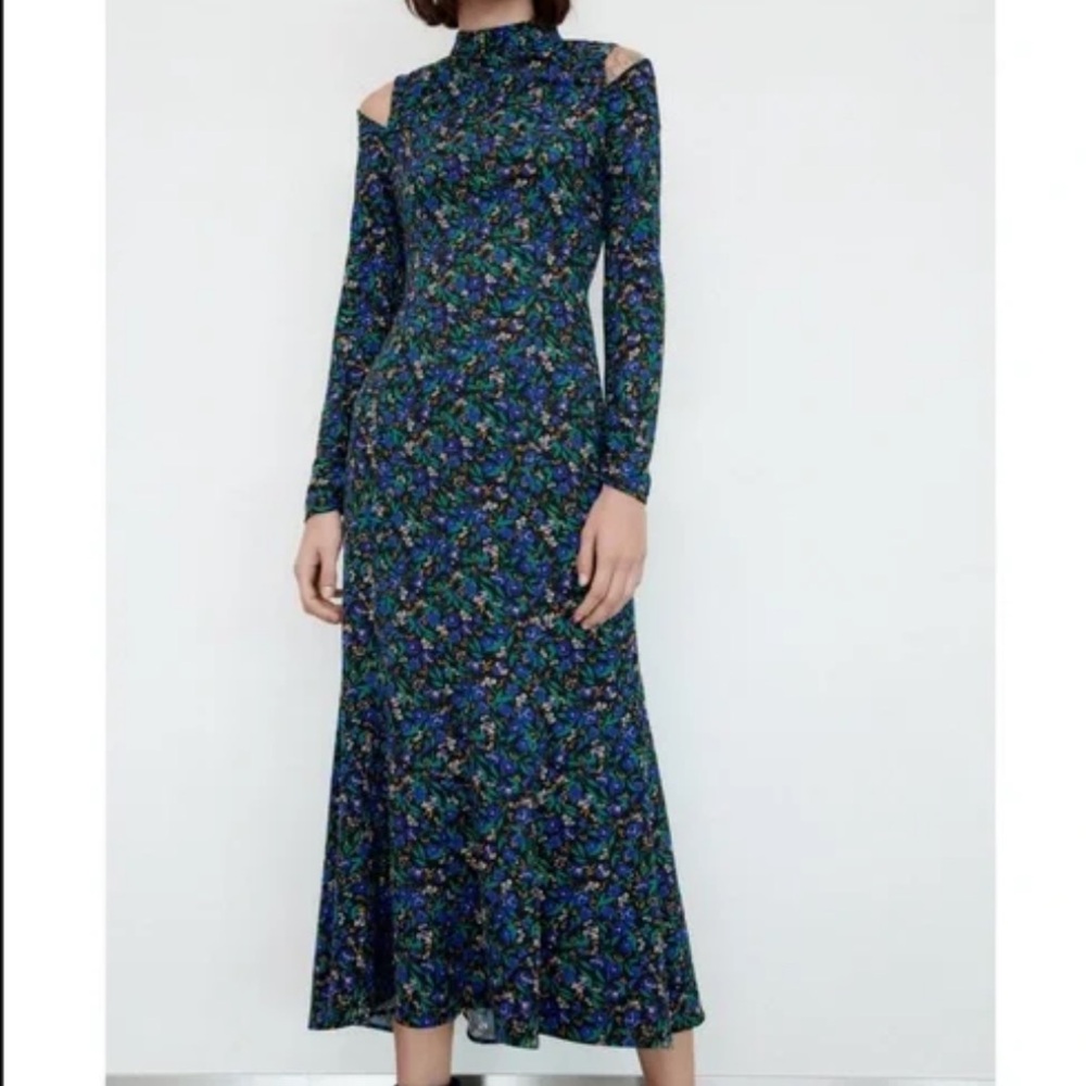 Floral Cold-Shoulder Maxi Dress in Navy